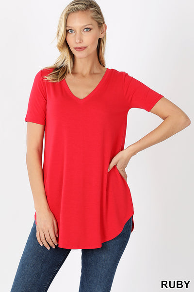 4838 1/4S V Neck Round Hem TOP in RUBY HQ-I7B