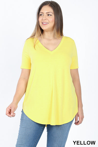 4840 1/4S V Neck Round Hem TOP in YELLOW HQ-H38B