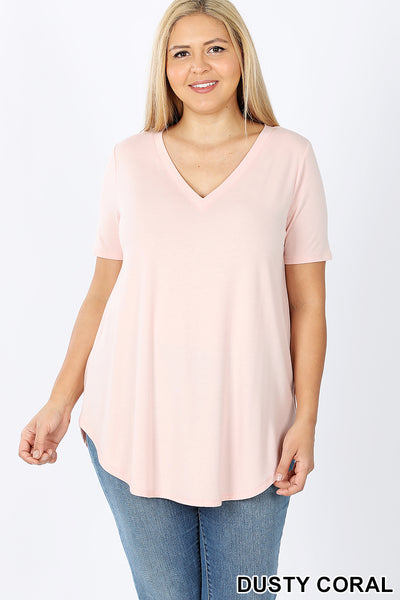 4891 1/4S V Neck Round Hem TOP in DUSTY CORAL HQ-KO