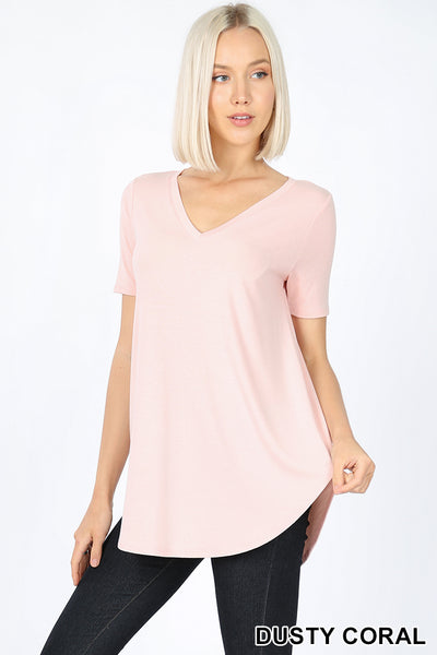 4891 1/4S V Neck Round Hem TOP in DUSTY CORAL HQ-KO