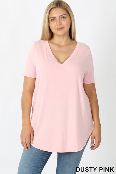 4893 1/4S V Neck Round Hem TOP in DUSTY PINK HQ-G47A
