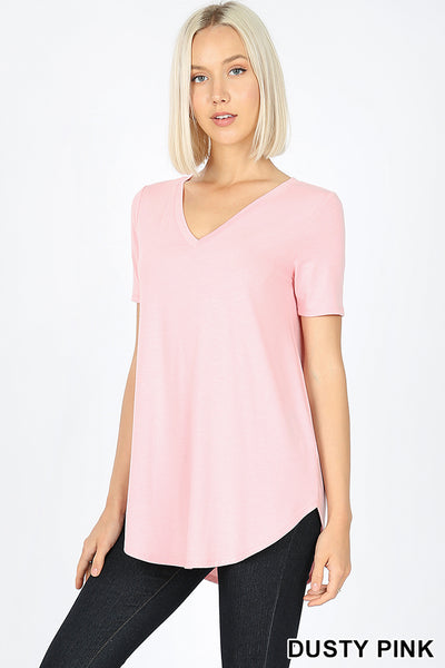 4893 1/4S V Neck Round Hem TOP in DUSTY PINK HQ-G47A