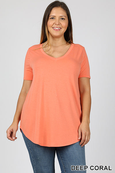 4895 1/4S V Neck Round Hem TOP in DEEP CORAL HQ-KO