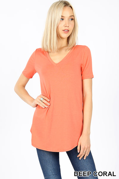 4895 1/4S V Neck Round Hem TOP in DEEP CORAL HQ-KO