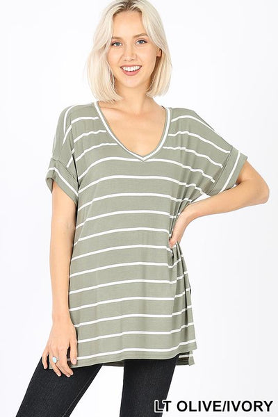 4049 1/4S Stripe V Neck Rolled Sleeve TOP in LT OLIVE HQ-KO