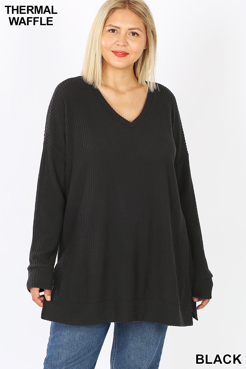 50022 4/4S Thermal Waffle V Neck SWEATERS IN BLACK HQ-M32C