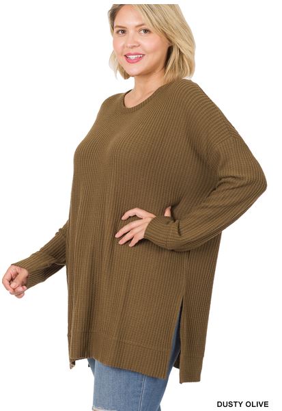 50026 4/4S Thermal Waffle R Neck SWEATERS in DUSTY OLIVE HQ-C33C