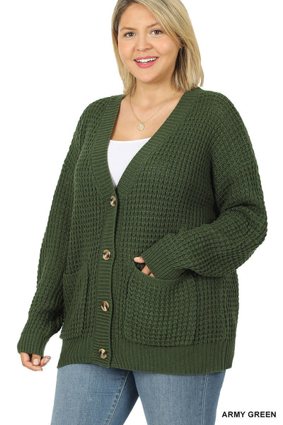 50033 4/4S Waffle CARDIGAN w PKTS in ARMY GREEN HQ-Z