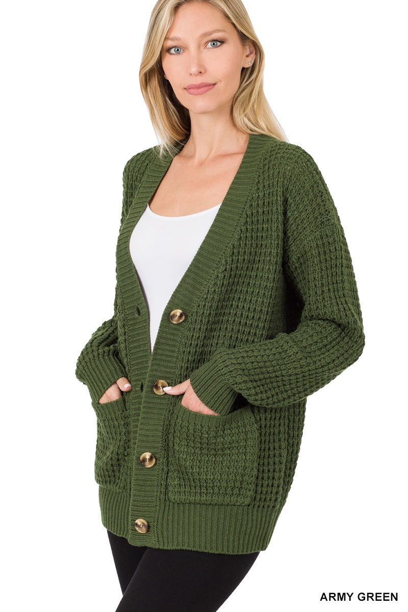 50033 4/4S Waffle CARDIGAN w PKTS in ARMY GREEN HQ-Z