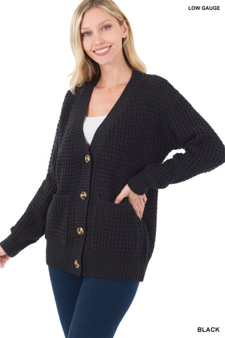 50034 4/4S Waffle CARDIGAN w PKTS in BLACK HQ-Z