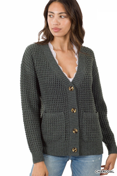 50035 4/4S Waffle CARDIGAN w PKTS in CHARCOAL HQ-Z