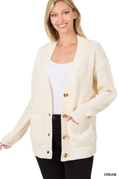 50036 4/4S Waffle CARDIGAN w PKTS in CREAM HQ-Z