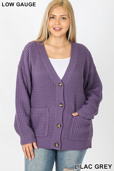 50038 4/4S Waffle CARDIGAN w PKTS in LILAC GREY HQ-N128B