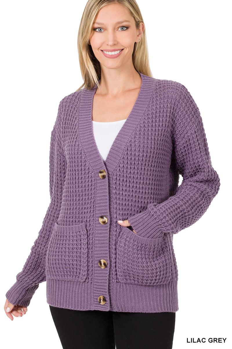 50038 4/4S Waffle CARDIGAN w PKTS in LILAC GREY HQ-N128B