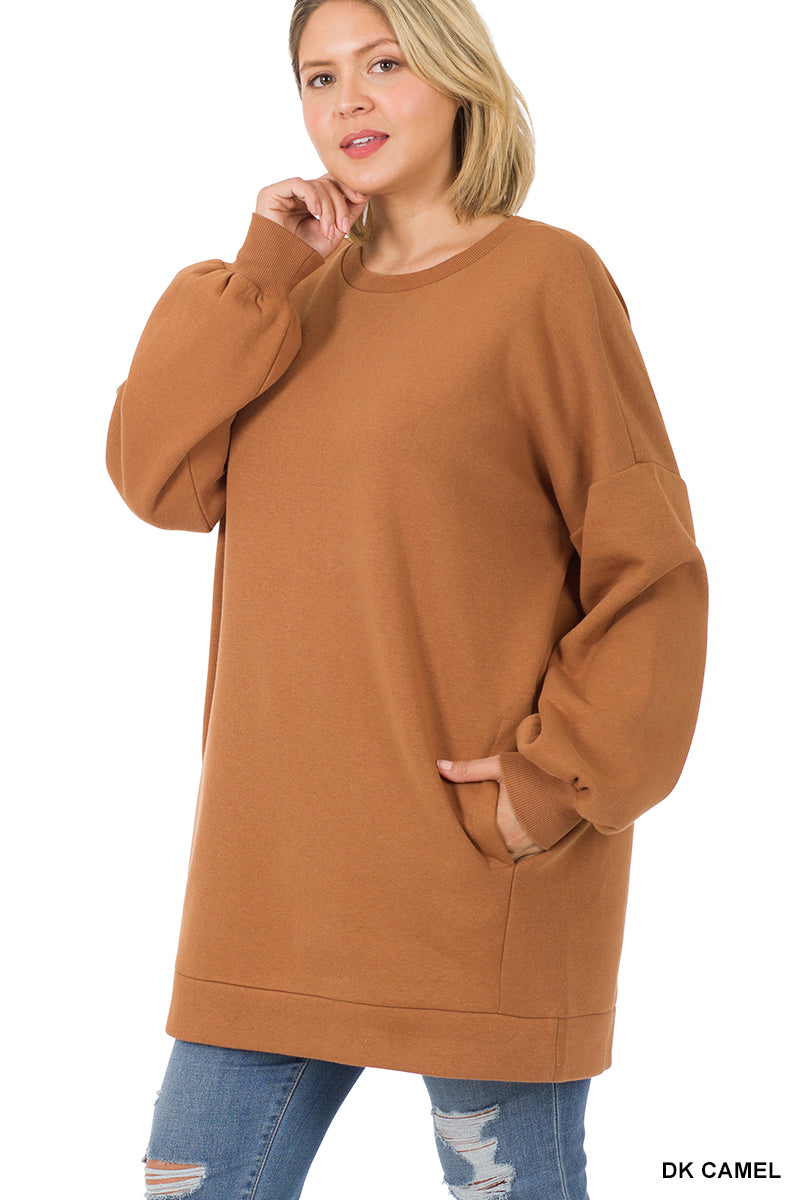 50039 4/4S OVZ LL R Neck SWEATSHIRT w PKTS in DK CAMEL HQ-L13C