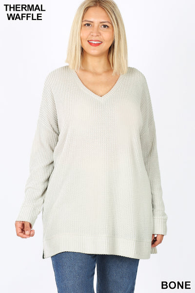 50053 4/4S Thermal Waffle V Neck SWEATERS IN BONE HQ-E43C
