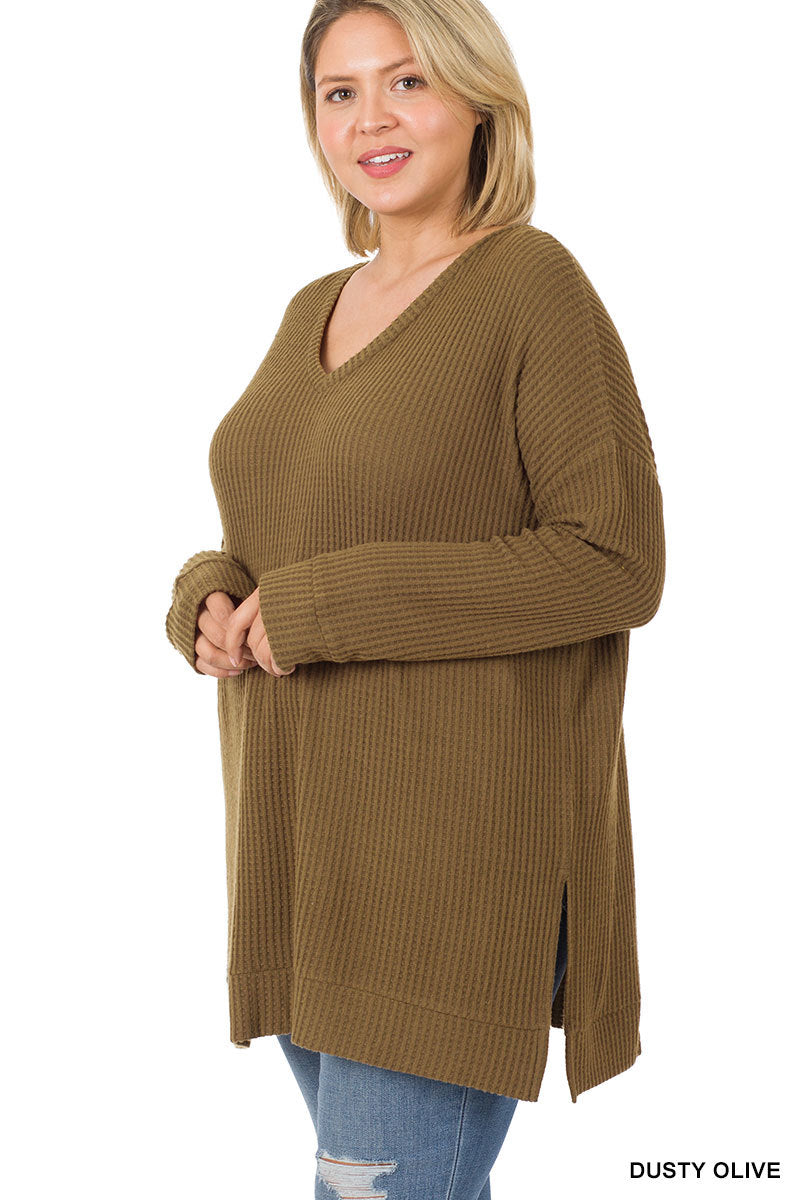 50055 4/4S Thermal Waffle V Neck SWEATERS IN DUSTY OLIVE HQ-A8C