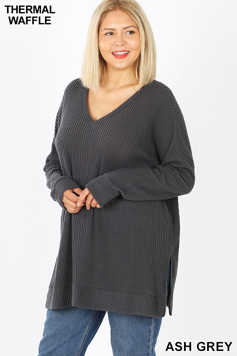 50056 4/4S Thermal Waffle V Neck SWEATERS IN ASH GREY HQ-B28C