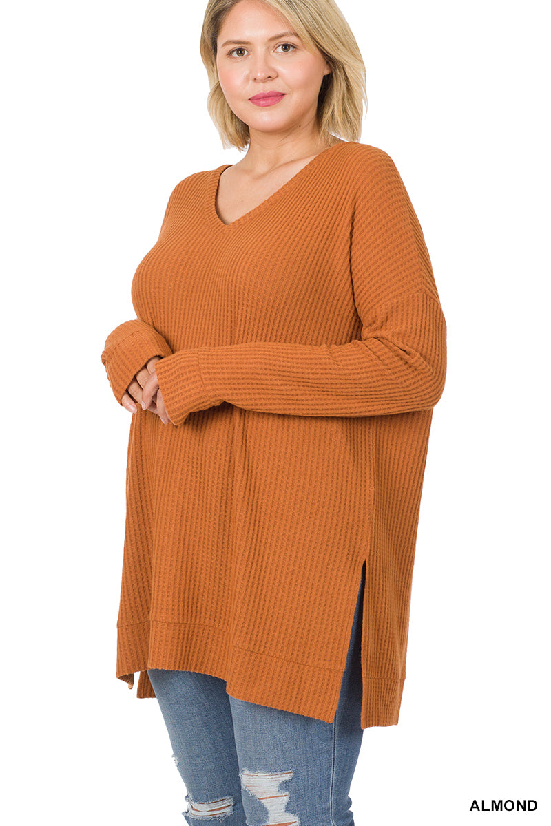 50057 4/4S Thermal Waffle V Neck SWEATERS IN ALMOND HQ-E7C