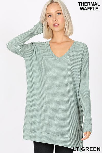 50059 4/4S Thermal Waffle V Neck SWEATERS IN LT GREEN HQ-C2B