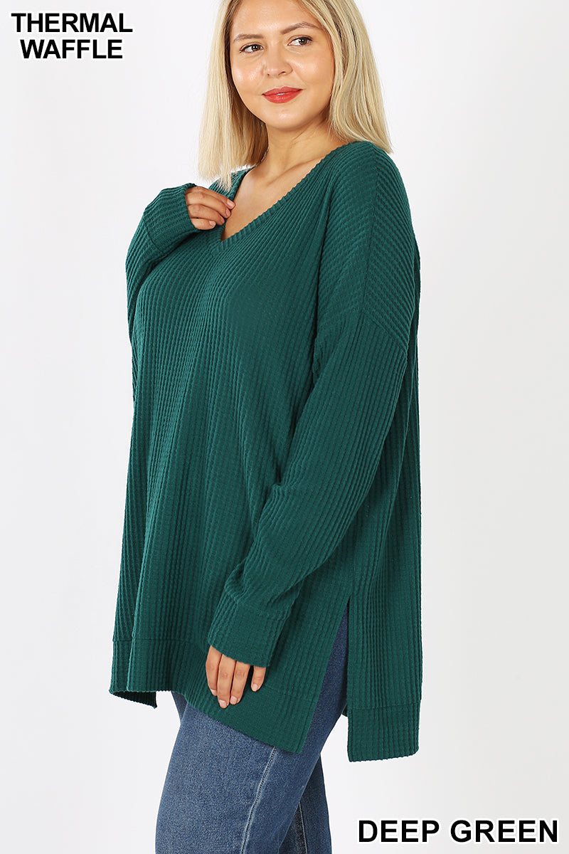 50061 4/4S Thermal Waffle V Neck SWEATERS IN DEEP GREEN HQ-F13C