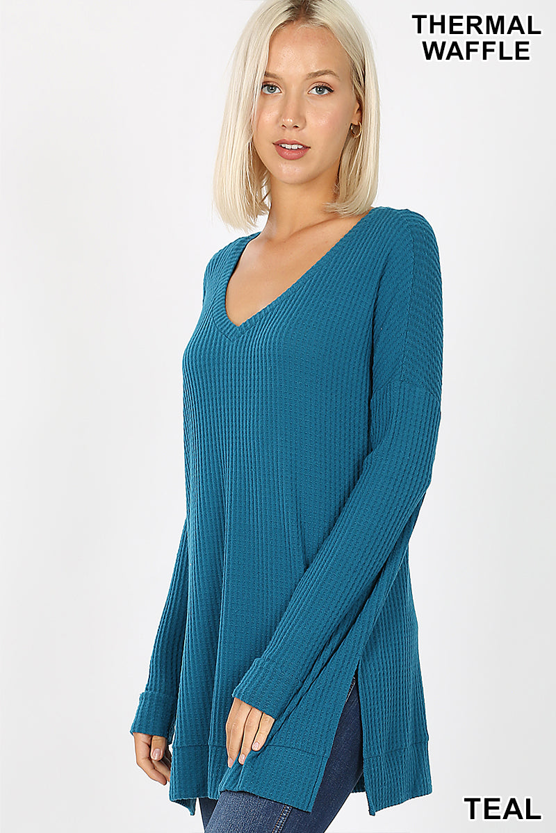 50062 4/4S Thermal Waffle V Neck SWEATERS IN TEAL HQ-I8C