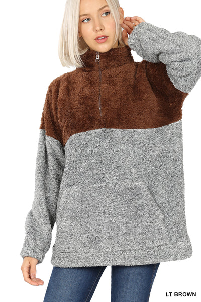 50074 4/4S Melange Top Zip Faux Fur JACKET w PKT in LT BROWN/GREY HQ-Z99