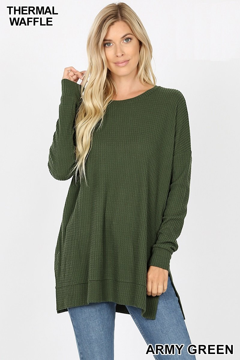 50203 4/4S Thermal Waffle R Neck SWEATERS in ARMY GREEN HQ-M3C