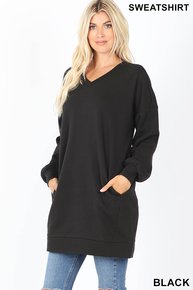 5237 4/4S OVZ LL V Neck SWEATSHIRT w PKTS in BLACK HQ-G49C