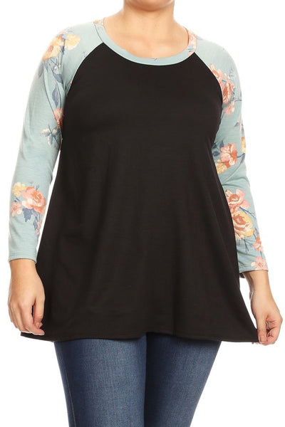 5858 4/4S BLACK W/ SAGE Raglan w/ PINK FLORAL PRINT TOP HQ-N33A G