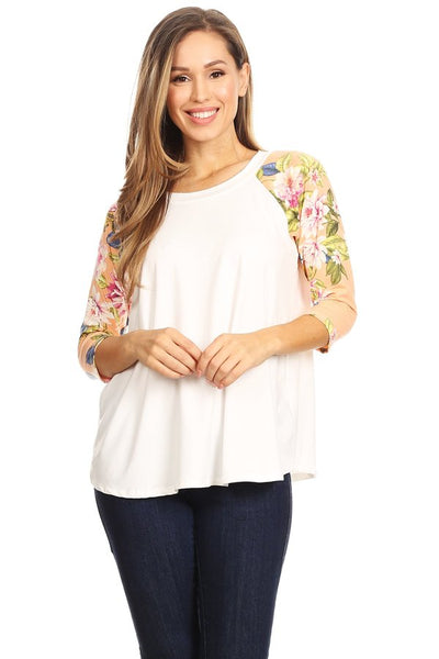 5859 3/4S WHITE W/ PEACH Raglan w/ PINK FLORAL PRINT TOP HQ-K44T