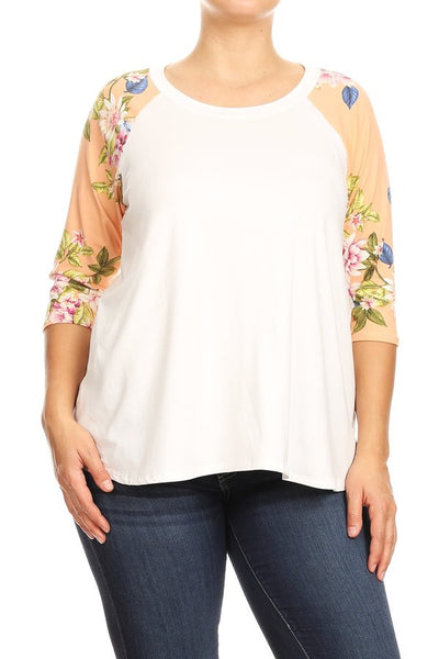 5859 3/4S WHITE W/ PEACH Raglan w/ PINK FLORAL PRINT TOP HQ-K44T
