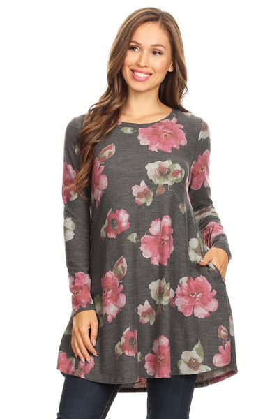 5860 4/4S DK HEATHERED FLORAL A-Line PRINT TOP HQ-K38T
