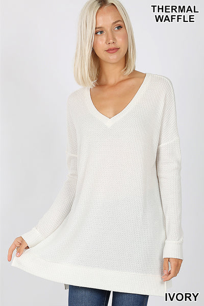 5980 4/4S Thermal Waffle V Neck SWEATERS IN IVORY HQ-F42C