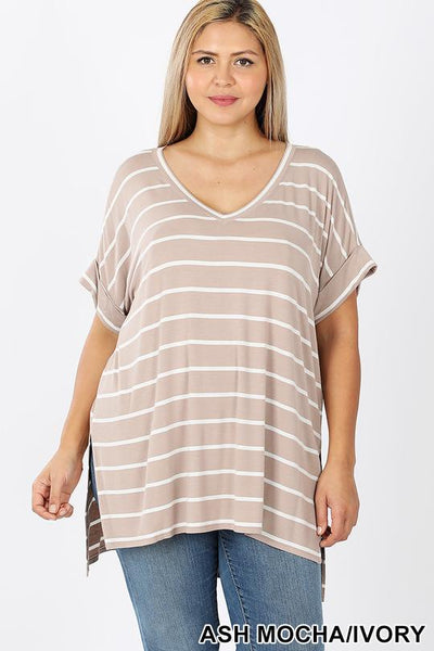 4046 1/4S Stripe V Neck Rolled Sleeve TOP in ASH MOCHA HQ-K28B