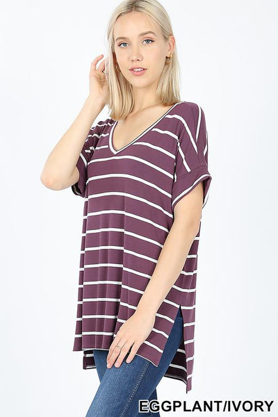 4044 1/4S Stripe V Neck Rolled Sleeve TOP in EGGPLANT HQ-F2A