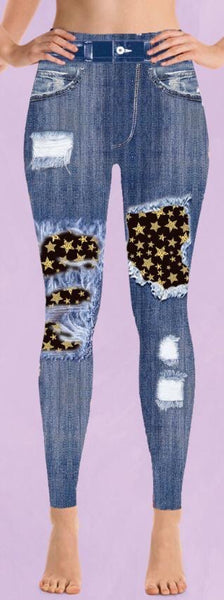 7199 Denim Look w/ Lg Leopard Stars DESIGNER LEGGINGS HQ-BB