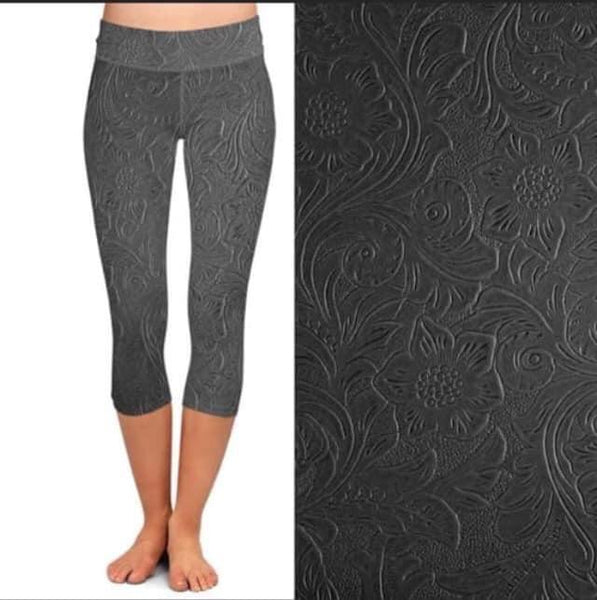 7218 Embossed Grey Floral DESIGNER LEGGINGS or CAPRI HQ-C48A G