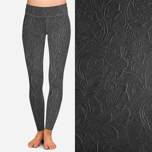 7218 Embossed Grey Floral DESIGNER LEGGINGS or CAPRI HQ-C48A G