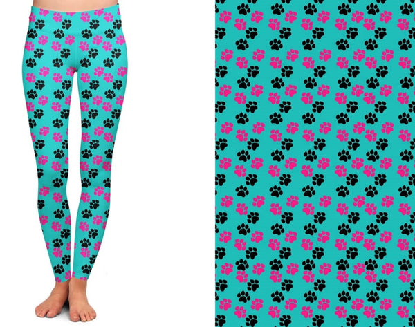 7365 Pink & Black Paws on Teal DESIGNER LEGGINGS HQ-N9C