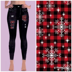 7675 DK Denim Look w Plaid Snowflake DESIGNER LEGGINGS HQ-N125C
