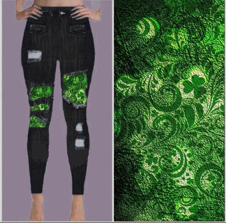 7682 DK Denim Look w Irish Ferns DESIGNER LEGGINGS HQ-BBOK WAS C15
