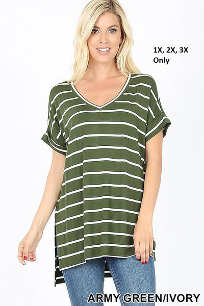 4047 1/4S Stripe V Neck Rolled Sleeve TOP in ARMY GREEN HQ-K18A