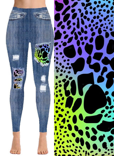 9432 Denim Look w Rainbow Cheetah DESIGNER LEGGINGS HQ-BBOK