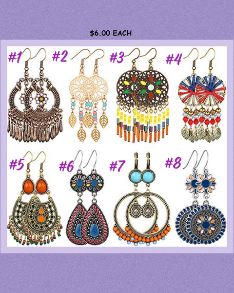 9938 Bohemian EARRINGS Choose 1-8 HQ-4ADD ON