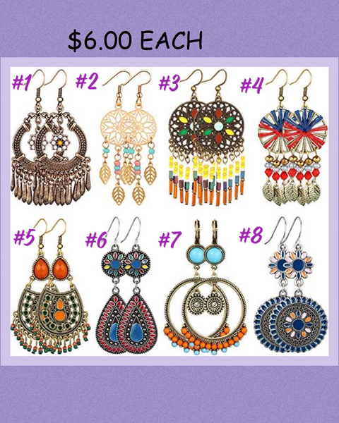 9938 Bohemian EARRINGS Choose 1-8 HQ-4ADD ON