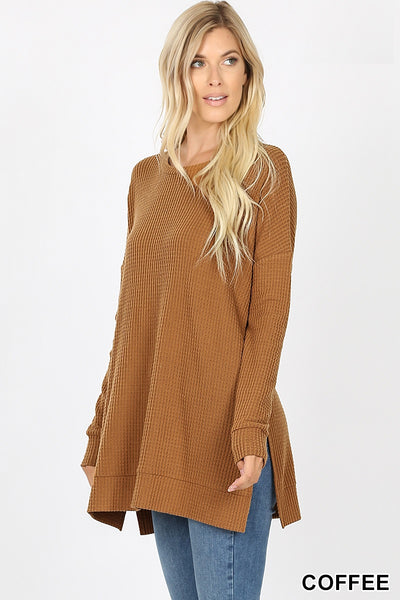 639 4/4S Thermal Waffle R Neck SWEATERS w SS in COFFEE HQ-G47T