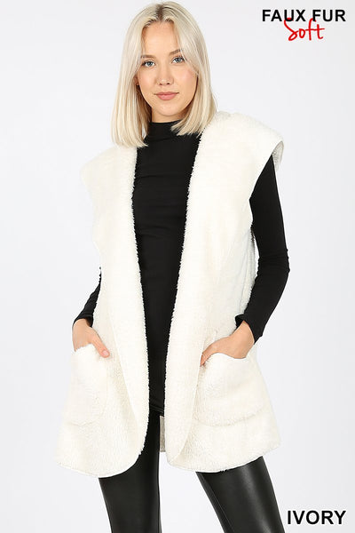4488 Relaxed Fit Hooded Faux Fur Cocoon VEST in IVORY HQ-99