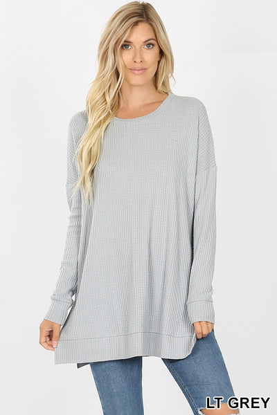 587 4/4S Thermal Waffle R Neck SWEATERS w SS in LT GREY HQ-J42T