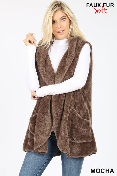 4486 Relaxed Fit Hooded Faux Fur Cocoon VEST in MOCHA HQ-99